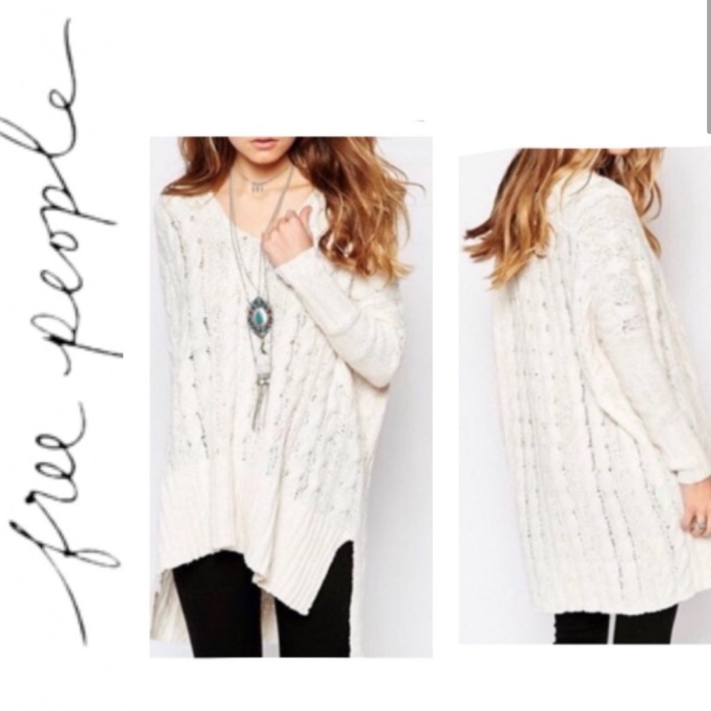 Free People Oversize Easy Cable V-Neck Sweater Ivory White
